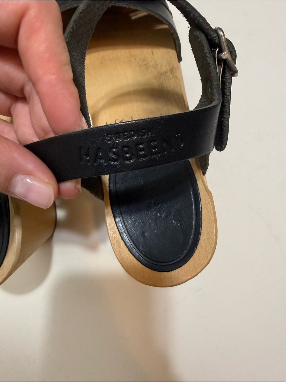 Swedish Hasbeens Black Leather Braided Heeled Clog Ankle Strap Sandal Size 7 - Picture 3 of 8